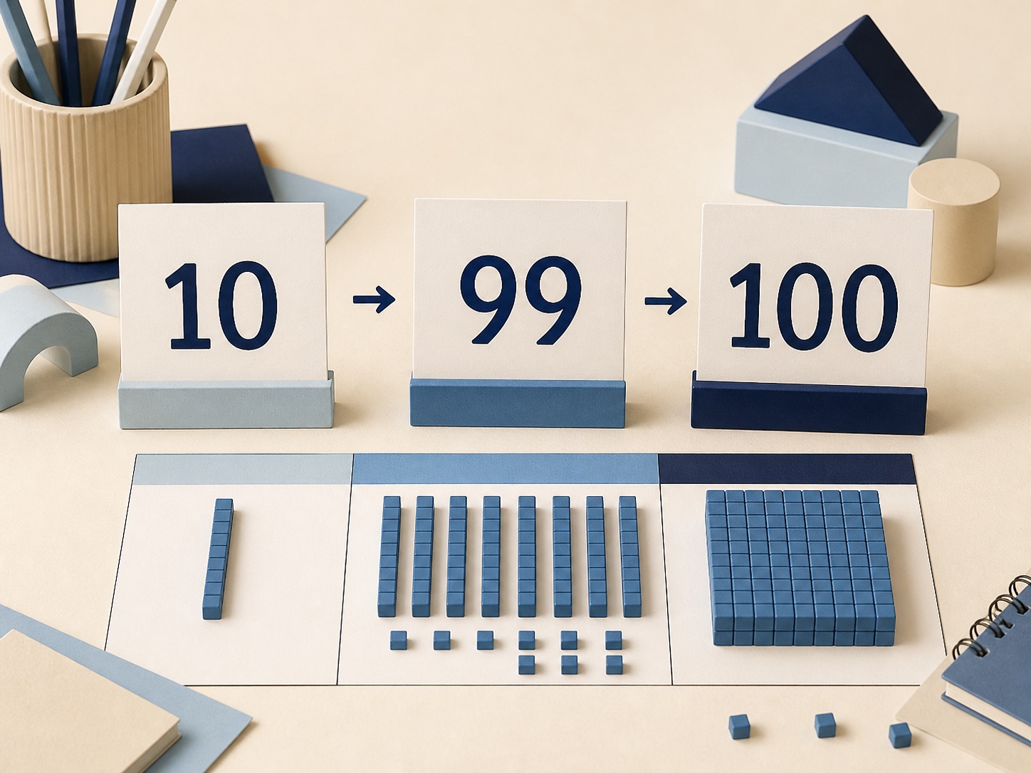ภาพประกอบเลขสองหลักและเลขสามหลักด้วยบัตรตัวเลข 10, 99 และ 100